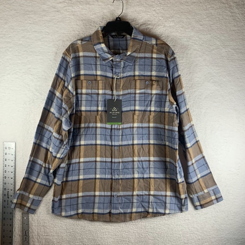 Alpine Design Shirt Men's XL Blue Plaid‎ Cotton Flannel Pleated Button-Up S8241